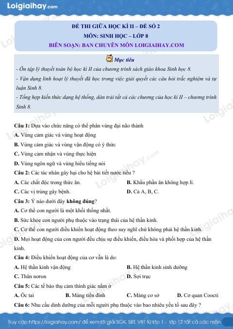 Đề kiểm tra giữa kì 2 Sinh 8 - Đề số 2 có lời giải chi tiết